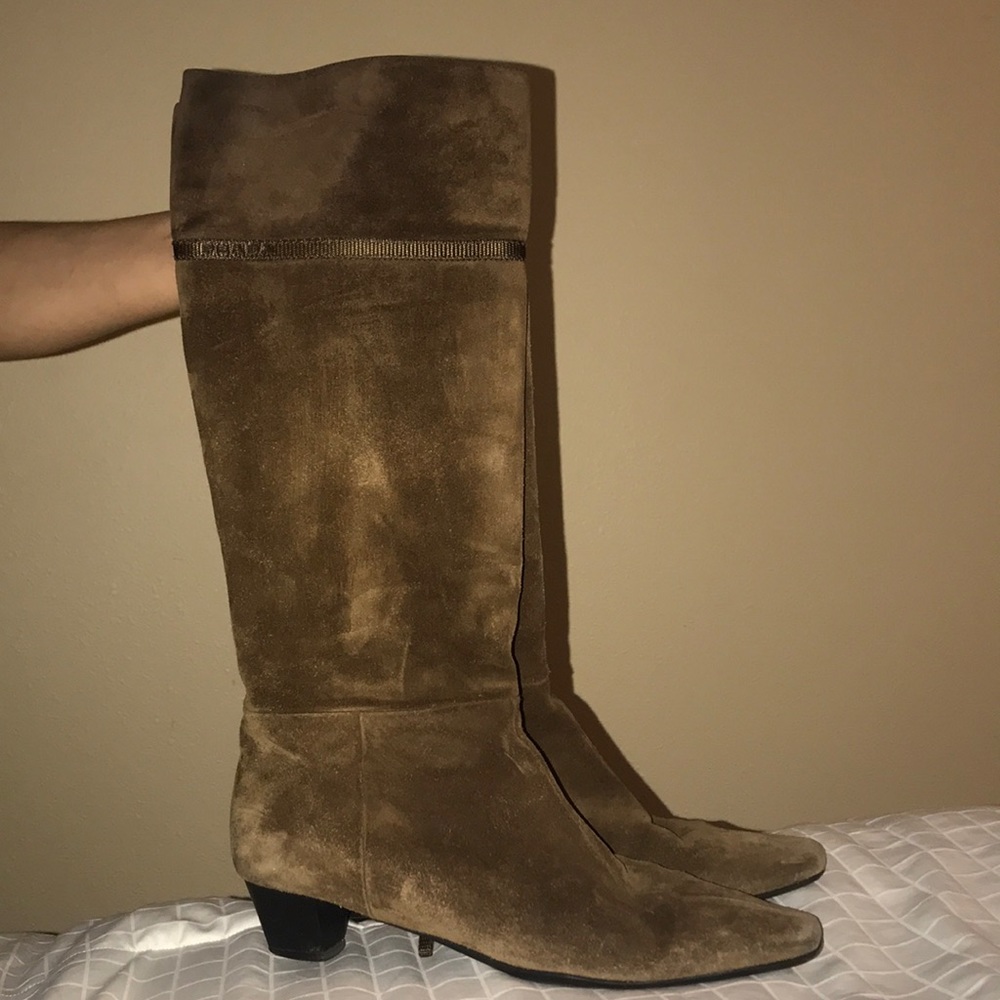 Prada brown suede mid calf kitten heel boots